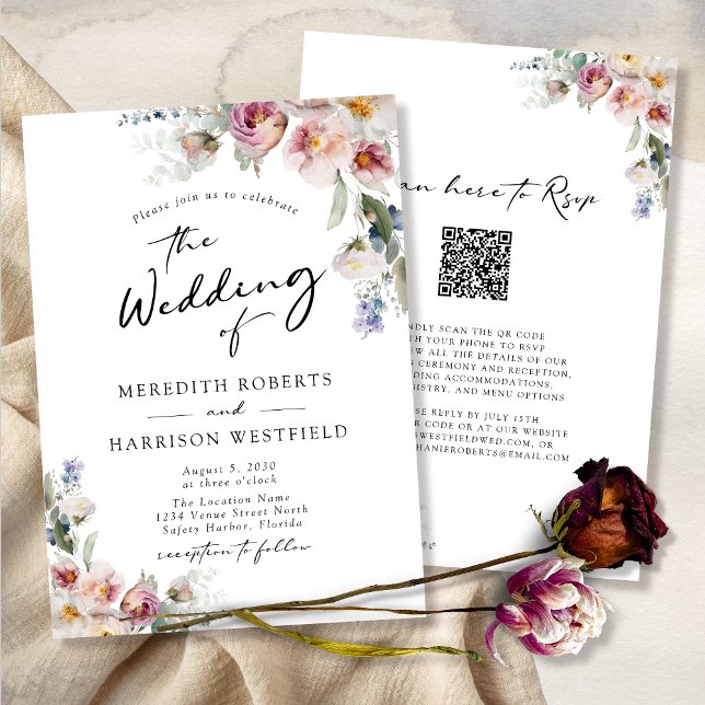 Invitation Aquarelle romantique Floral Eucalyptus Mariage (WeddingInvitation-QRCodeRSVP-RomanticFloralEucalyptus)