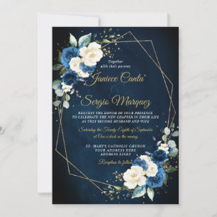 Invitation Aquarelle romantique Marine Flore ivoire géométriq