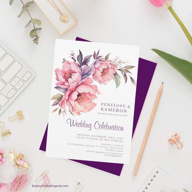 Invitation Aquarelle romantique Peine rose Élégant Floral (Dive into romance with our  Invitations where love blossoms beautifully!)