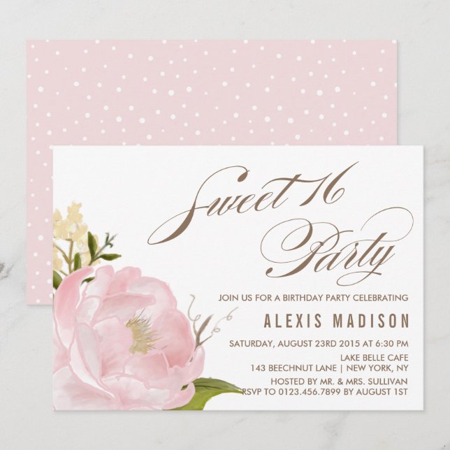 Invitation Aquarelle romantique Peony Sweet 16 fête d'anniver (Devant / Derrière)