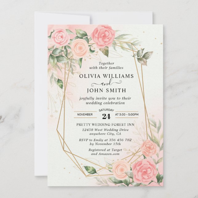 Invitation Aquarelle romantique rose Mariage rose F019 (Devant)