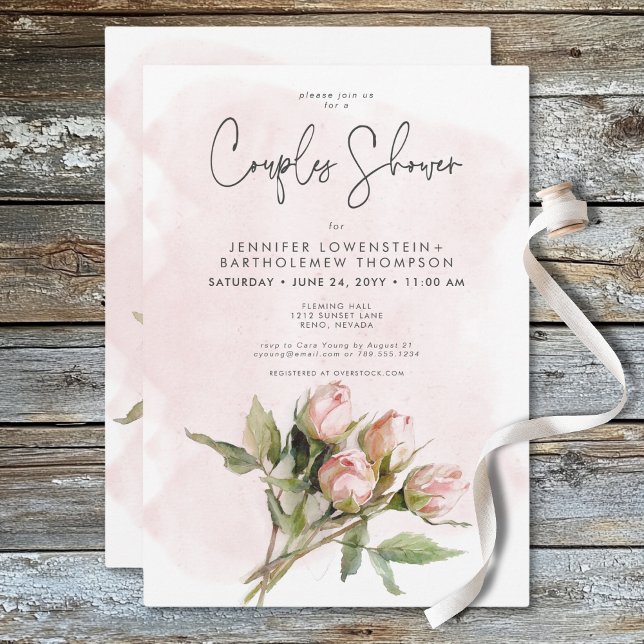 Invitation Aquarelle romantique Roses roses roses Couples Dou (Romantic Watercolor Pink Roses Couples Shower Invitation)