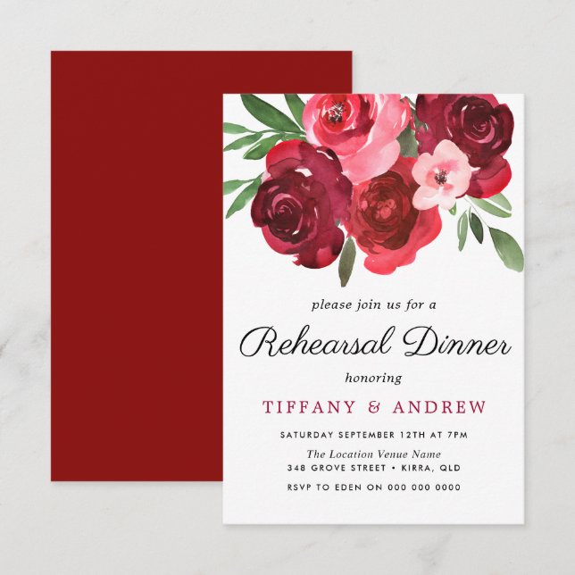 Invitation Aquarelle Romantique Roses Rouges Dîner de répétit (Devant / Derrière)