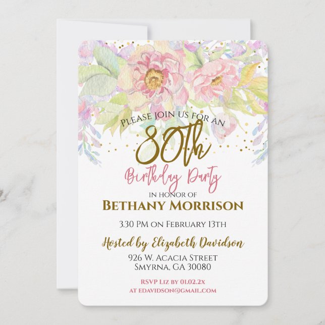 Invitation Aquarelle rose 80e anniversaire (Devant)