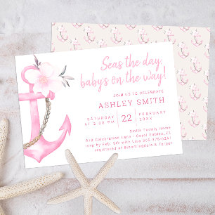 Invitation Aquarelle rose Ancre florale Baby shower nautique