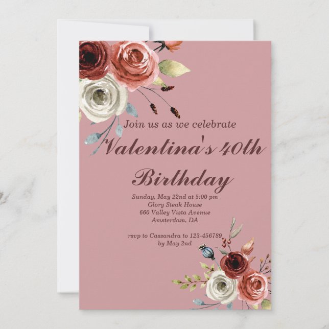 Invitation Aquarelle rose antique Roses 40e anniversaire (Devant)