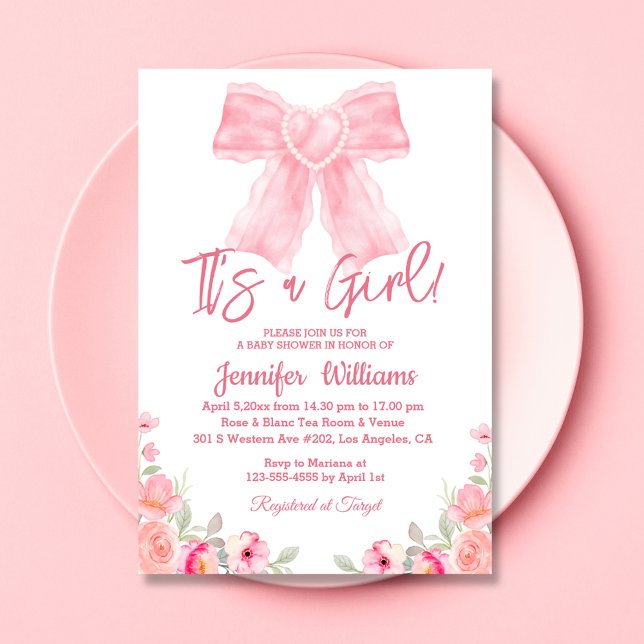 Invitation aquarelle rose arc floral fille baby shower (Créateur téléchargé)