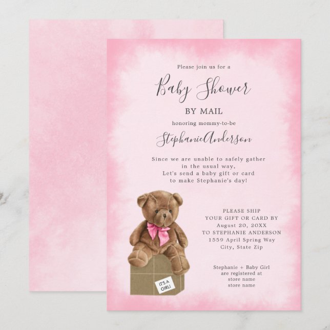 Invitation Aquarelle rose Baby shower Brown d'ours par courri (Devant / Derrière)