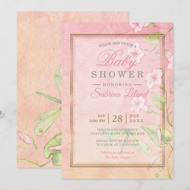 Invitation Aquarelle rose Baby shower de gloire du matin (Devant / Derrière)