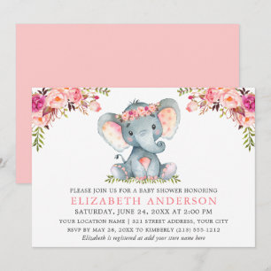 Invitation Aquarelle rose Baby shower d'éléphant Floral