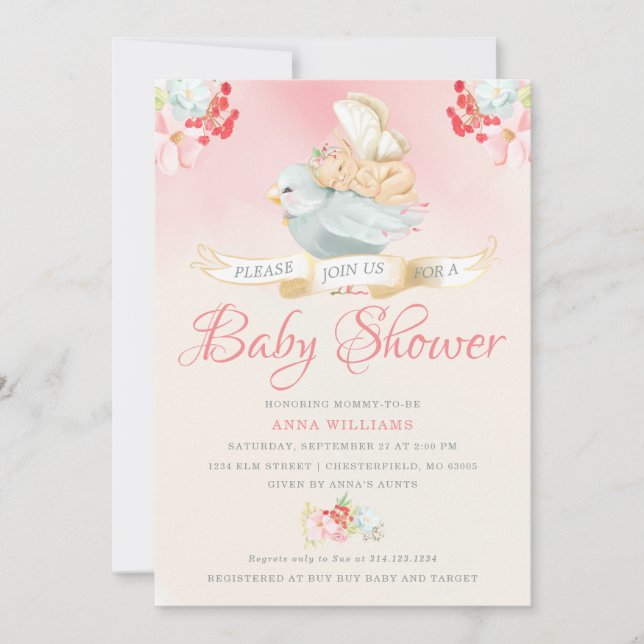 Invitation Aquarelle rose Baby shower Fée (Devant)