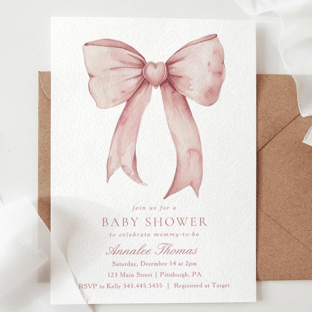 Invitation Aquarelle rose Baby shower fille Bow (Créateur téléchargé)