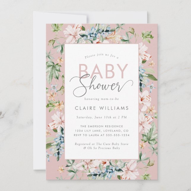 Invitation Aquarelle rose Baby shower Floral (Devant)