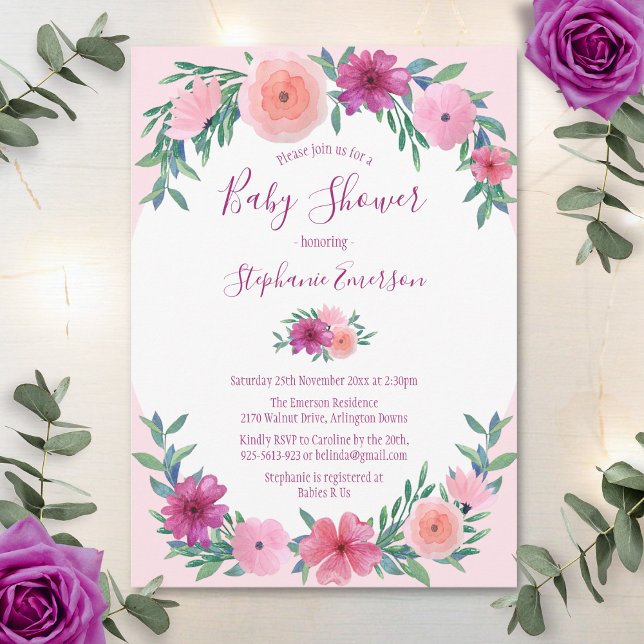 Invitation Aquarelle rose baby shower Floral (Créateur téléchargé)