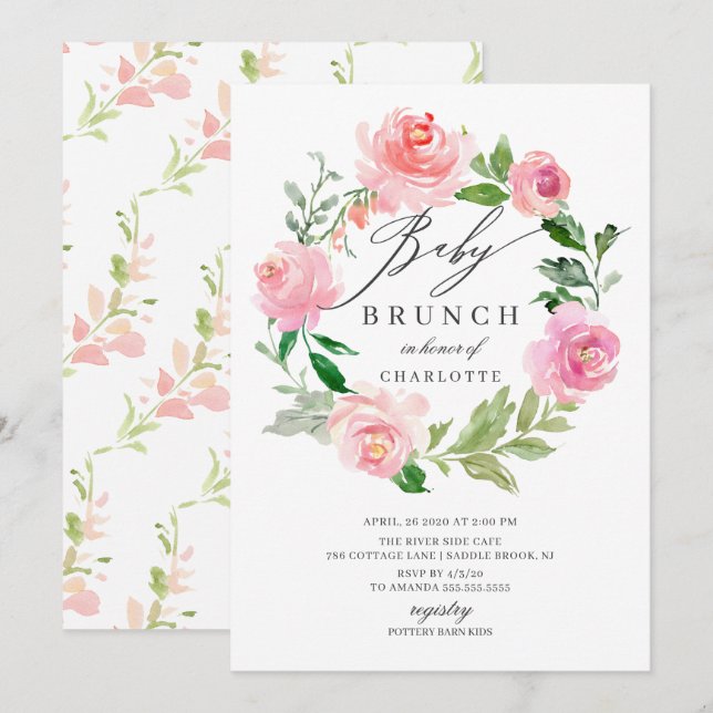 Invitation Aquarelle rose Baby shower Floral Brunch (Devant / Derrière)