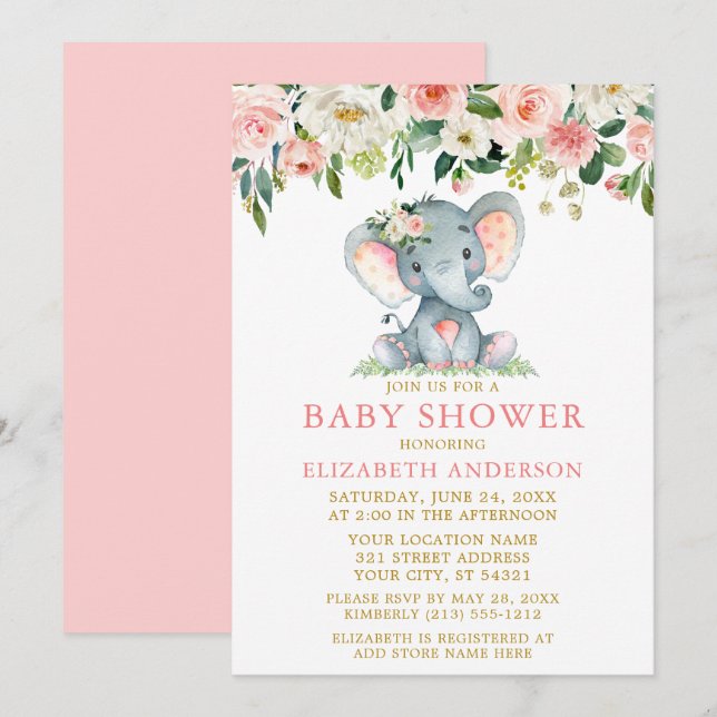 Invitation Aquarelle rose Baby shower Floral Eléphant Or (Devant / Derrière)