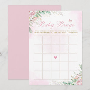 Invitation Aquarelle rose Baby shower Floral Jeu de Bingo