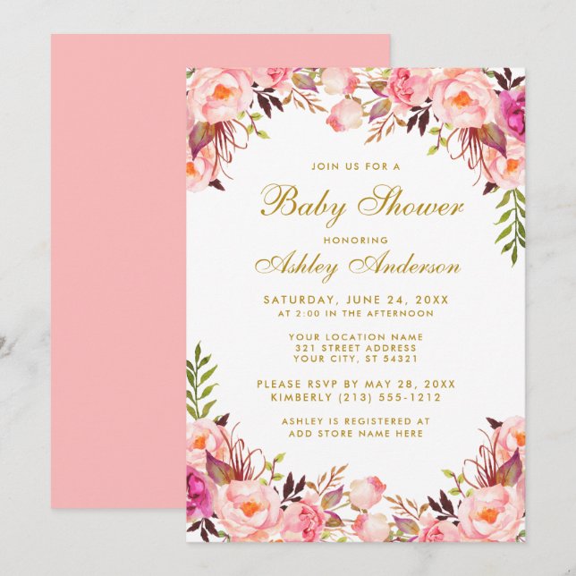 Invitation Aquarelle rose Baby shower Floral Or (Devant / Derrière)
