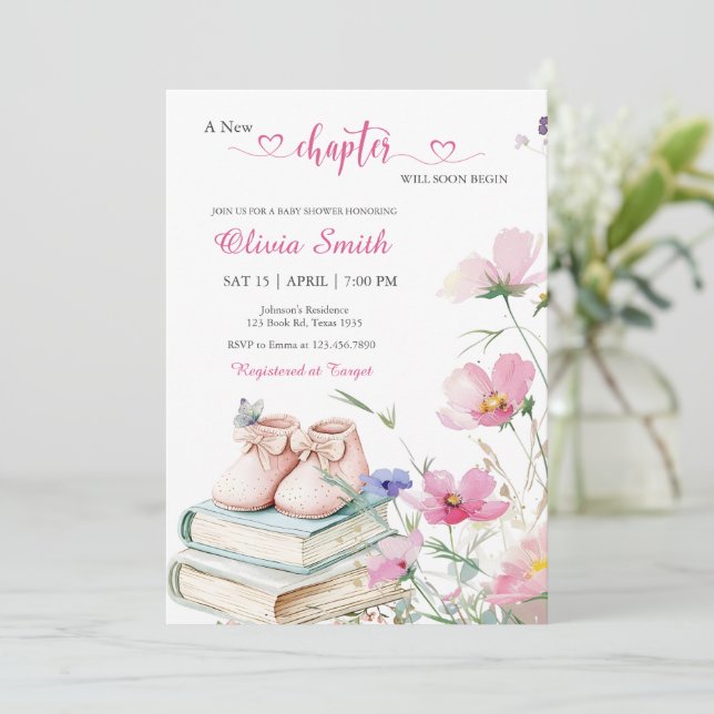 Invitation Aquarelle rose Baby shower floral Storybook (Debout devant)