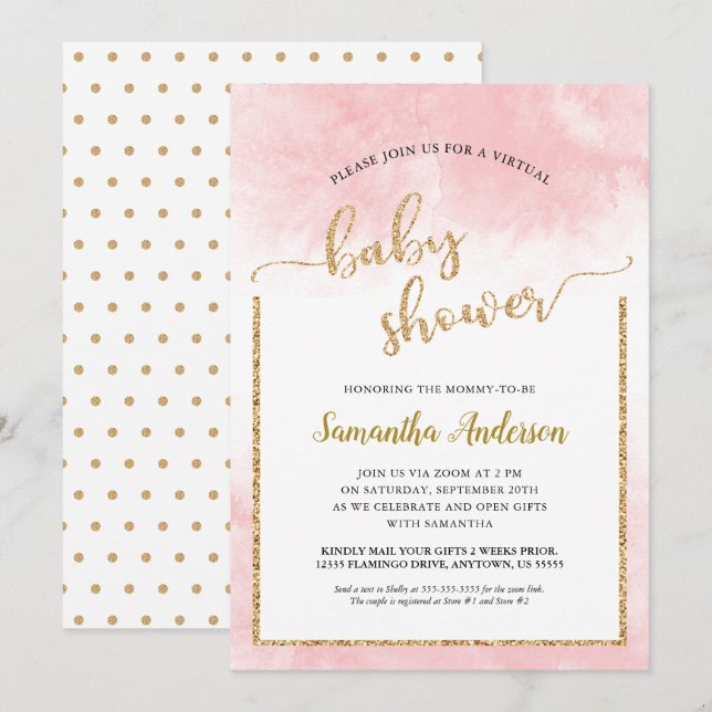 Invitation Aquarelle rose Baby shower virtuel Parties scintil (Devant / Derrière)