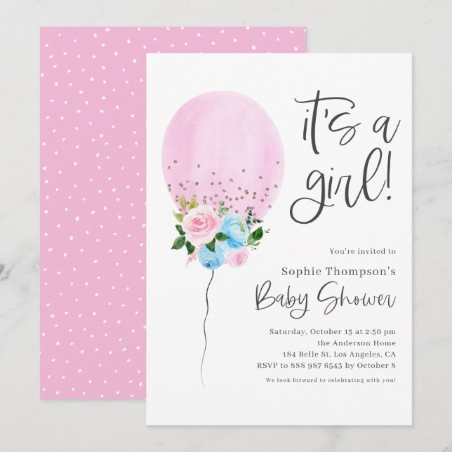 Invitation Aquarelle rose Ballon C'est un Baby shower de fill (Devant / Derrière)
