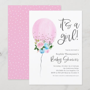 Invitation Aquarelle rose Ballon C'est un Baby shower de fill