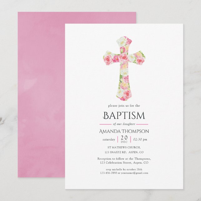 Invitation Aquarelle rose Baptême Floral ou Christening (Devant / Derrière)