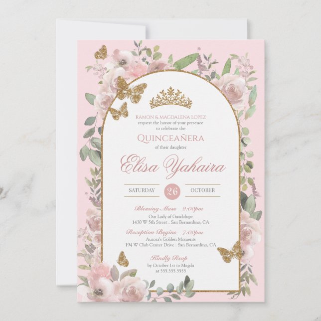 Invitation Aquarelle rose Beurre d'or Quinceanera (Devant)