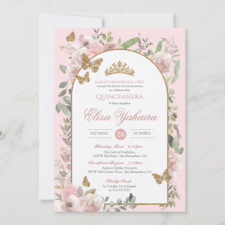 Invitation Aquarelle rose Beurre d'or Quinceanera