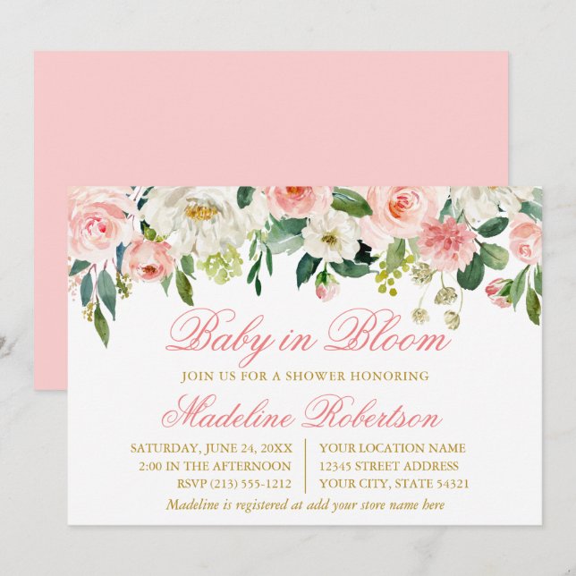 Invitation Aquarelle Rose Blanc Floral Bébé En Fleur Douche (Devant / Derrière)
