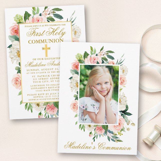 Invitation Aquarelle rose blanc floral Communion (Customize to change text color, style or text size.)