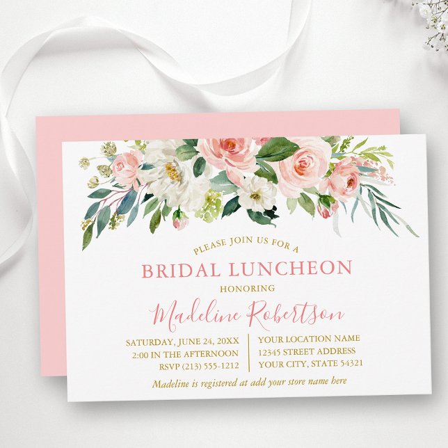 Invitation Aquarelle Rose Blanc Floral Or Bridal Déjeuner (Customize to change text color, text style or color of back of card.)