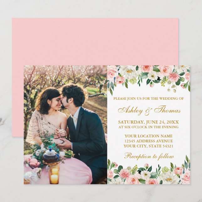 Invitation Aquarelle rose blanc floral or Mariage photo (Devant / Derrière)