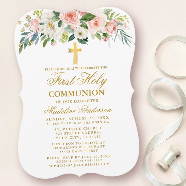 Invitation Aquarelle rose blanc floral or première communion (Customize to change text size, style, color or to add more text or photos to back of card.)