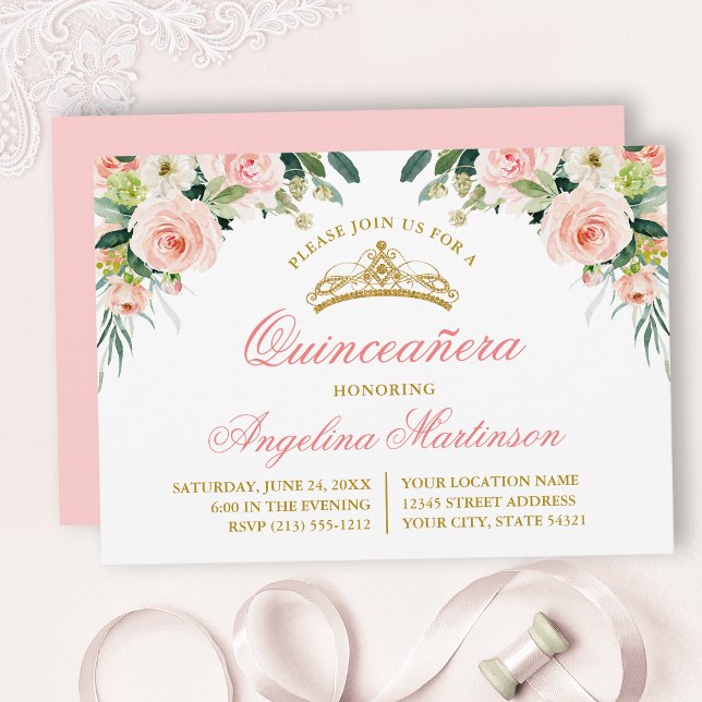 Invitation Aquarelle rose blanc Floral Quinceanera Party (Customize to change text color, style, add text & photos to back or change color of back of card.)