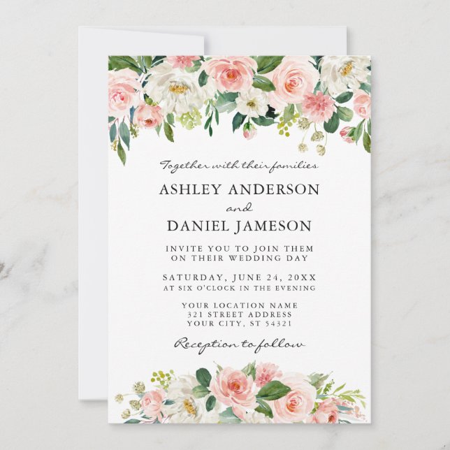 Invitation Aquarelle rose blanc Mariage floral élégant (Devant)