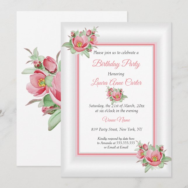 Invitation Aquarelle rose blanche florale fête d'anniversaire (Devant / Derrière)