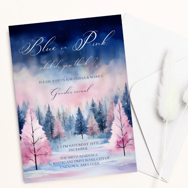 Invitation Aquarelle rose bleu Arbre de Noël Révélation de ge (Créateur téléchargé)