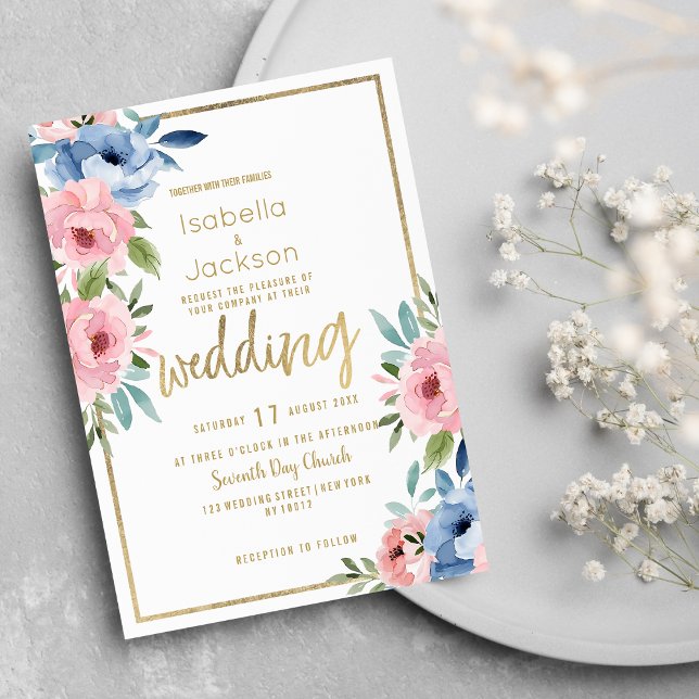 Invitation Aquarelle rose bleu blanc or Mariage (Watercolor pink blue white gold floral Wedding)