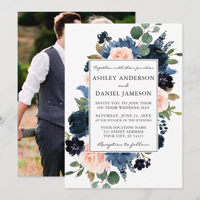 Invitation Aquarelle rose bleu bleu foncé Mariage photo (Devant / Derrière)