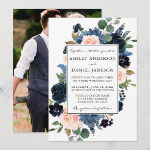 Invitation Aquarelle rose bleu bleu foncé Mariage photo