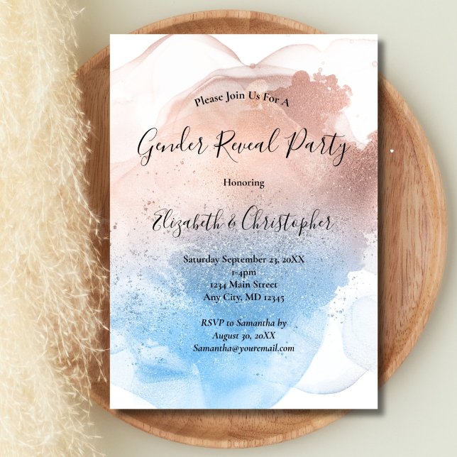 Invitation Aquarelle rose bleu brillant Révélation de genre (Pink Blue Watercolor wash splash Gender Reveal Party Invitation)