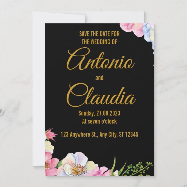 Invitation Aquarelle Rose Bleu Fleurs Mariage Enregistrer La  (Devant)