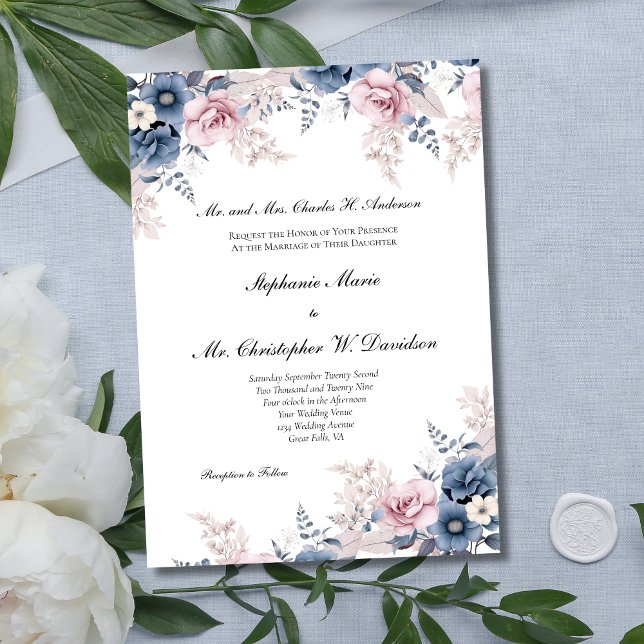 Invitation Aquarelle rose bleu foncé Floral Mariage élégant (Dusty Blue Pink Floral Watercolor Formal Traditional Wedding Invitation)