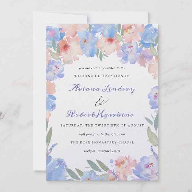Invitation Aquarelle rose bleu foncé Mariage floral Inv (Devant)