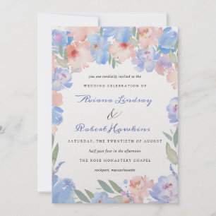 Invitation Aquarelle rose bleu foncé Mariage floral Inv