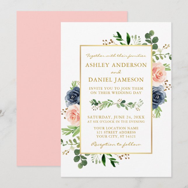 Invitation Aquarelle rose bleu foncé Rose Mariage or (Devant / Derrière)