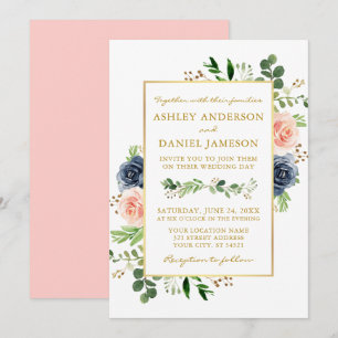 Invitation Aquarelle rose bleu foncé Rose Mariage or