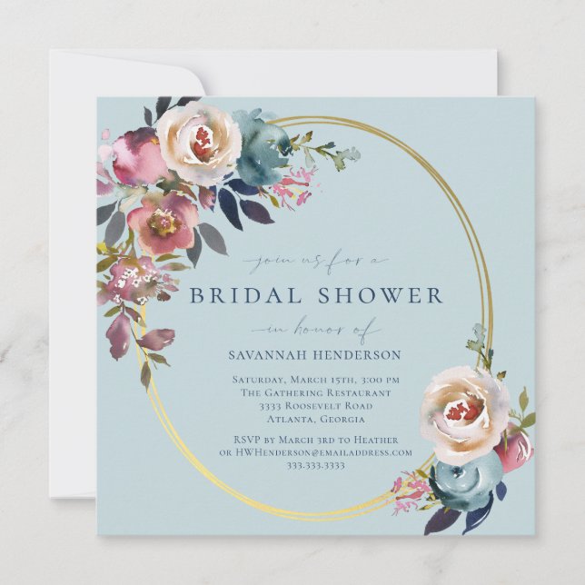 Invitation Aquarelle rose Bleu Or Fête des mariées Florale En (Devant)