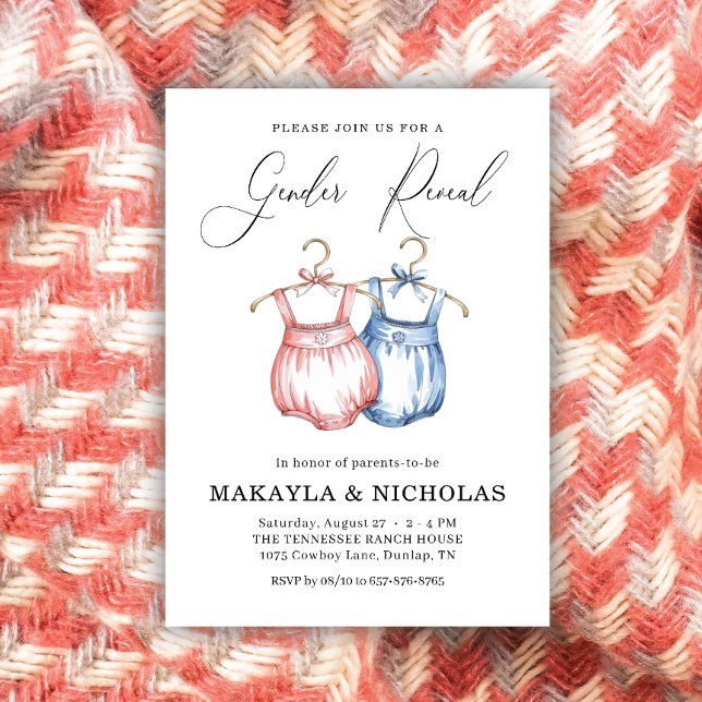 Invitation Aquarelle rose bleu Vêtements de bébé Révélation d (Créateur téléchargé)